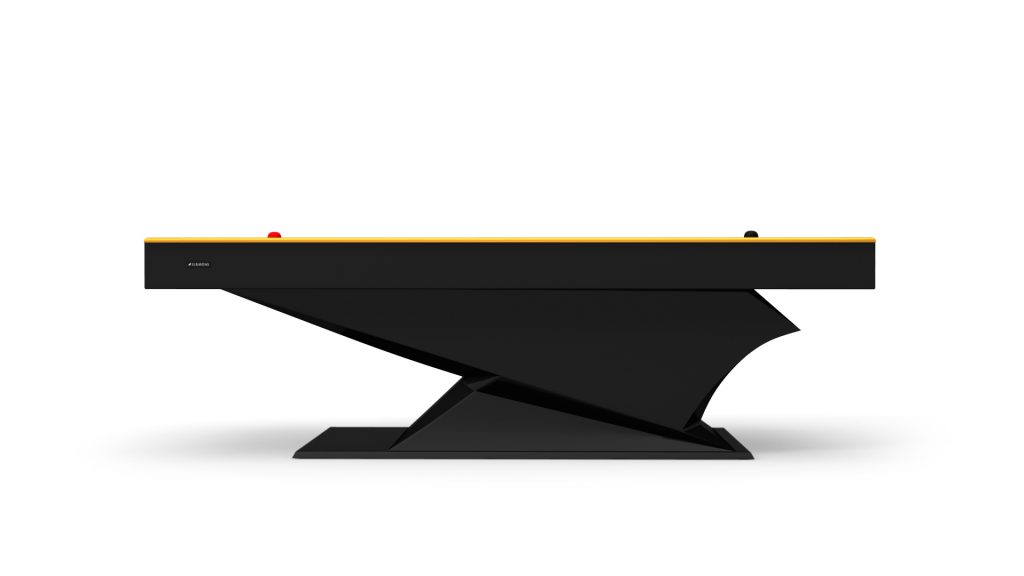 A sleek black ping pong table with an angular base and slim design mirrors the elegance of a Raven Air Hockey Table. Featuring a red net post, its minimalistic look and contrasting elements emphasize a contemporary style.