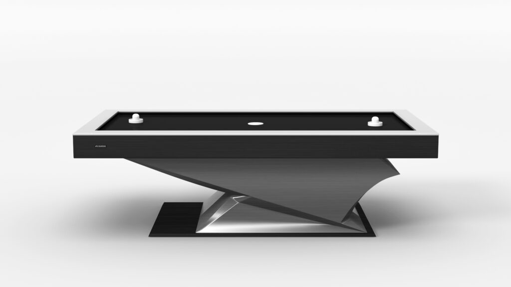 The Raven Air Hockey Table features a black playing surface, two white paddles, and a sleek geometric black and silver base, all set against a plain white background.
