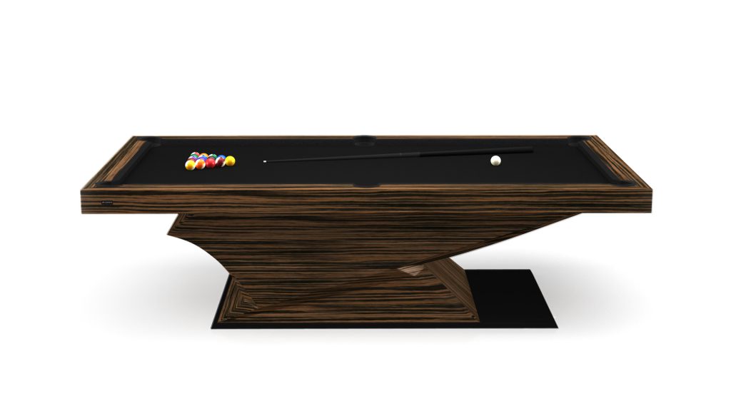 Introducing the Raven Pool Table—a modern masterpiece with an angular wooden base and sleek black felt. Elegantly showcased are a cue ball, racked colored balls, and a pool cue, creating the ideal setting for stylish entertainment.