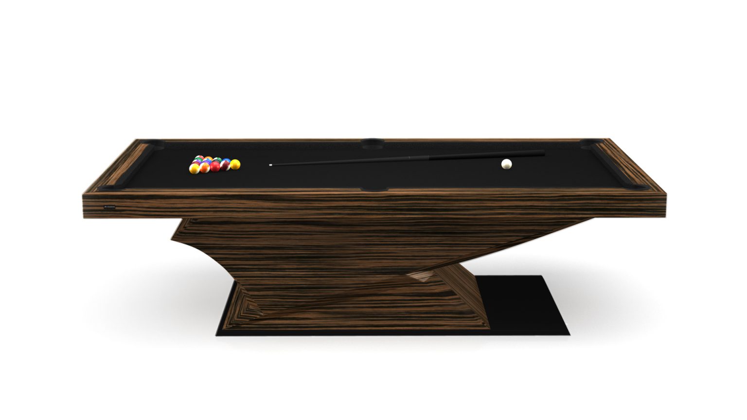 Introducing the Raven Pool Table—a modern masterpiece with an angular wooden base and sleek black felt. Elegantly showcased are a cue ball, racked colored balls, and a pool cue, creating the ideal setting for stylish entertainment.