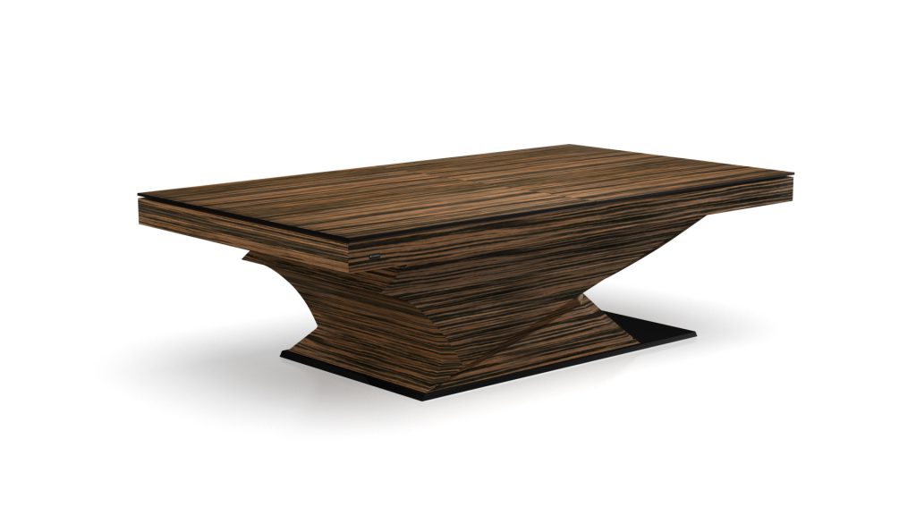 The luxurious Raven Convertible Pool / Dining / Ping Pong Table boasts a rectangular top and hourglass pedestal base. Crafted with a dark striped wood pattern, it transitions smoothly between functions, set against a plain white background.