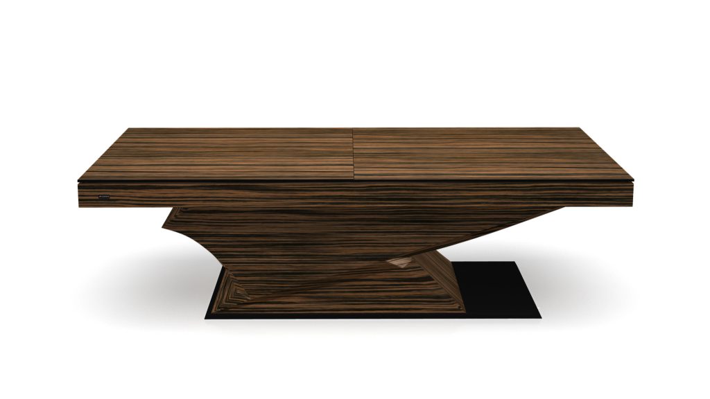 The Raven Convertible Table, with a modern geometric design and twisted base, transforms effortlessly among pool, dining, and ping pong functions. Its rectangular wooden top boasts striking dark and light stripes for a sleek contemporary look.