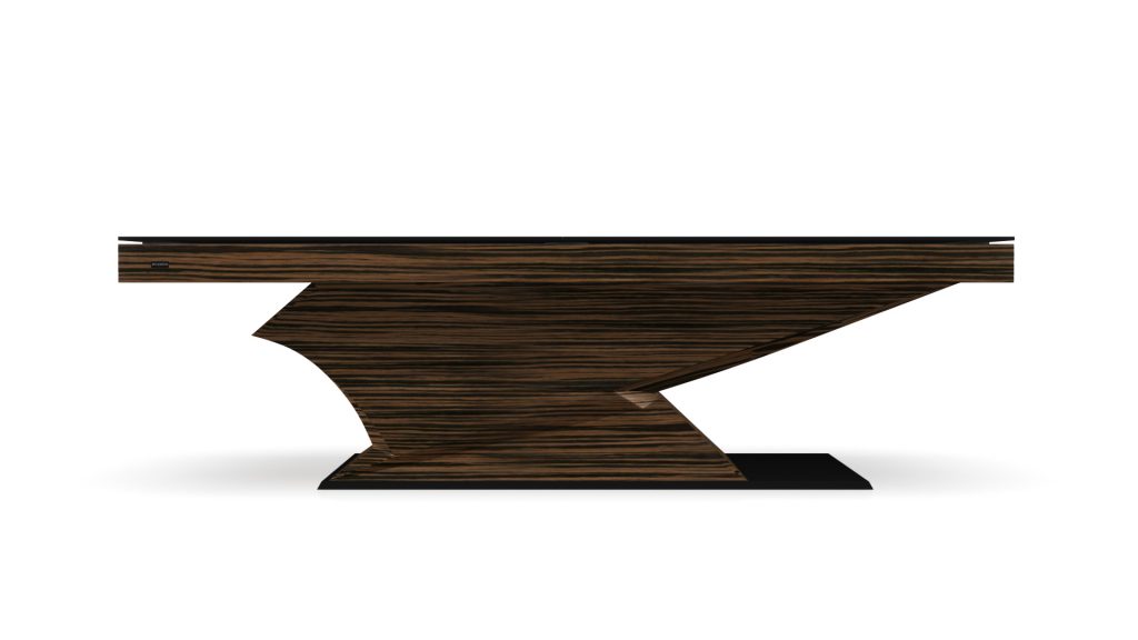 A contemporary wooden desk with an angular design, finished in dark wood with horizontal stripes and a black base, evokes luxury similar to the Raven Convertible Pool / Dining / Ping Pong Table.