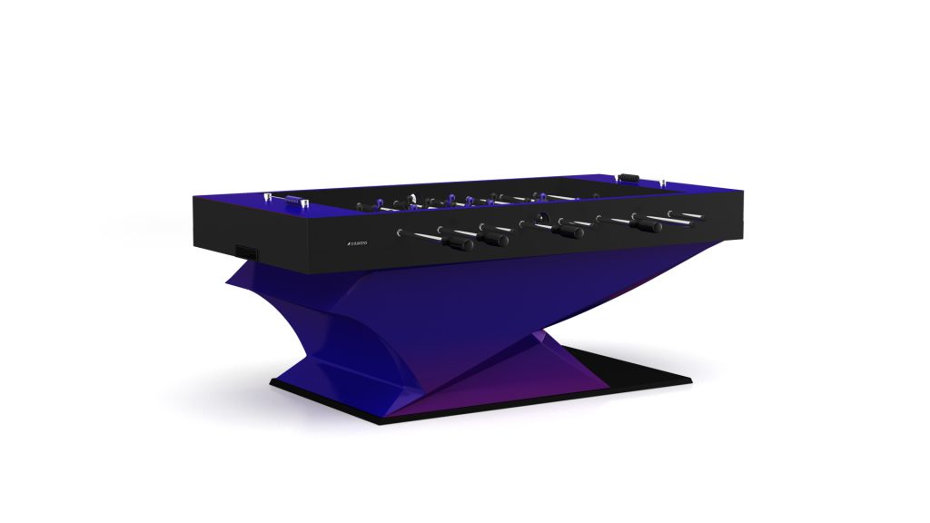 The Raven Foosball Table showcases a modern design with a bold, angular purple and black base and sleek black surface. It features metal rods and players for a chic, contemporary look.