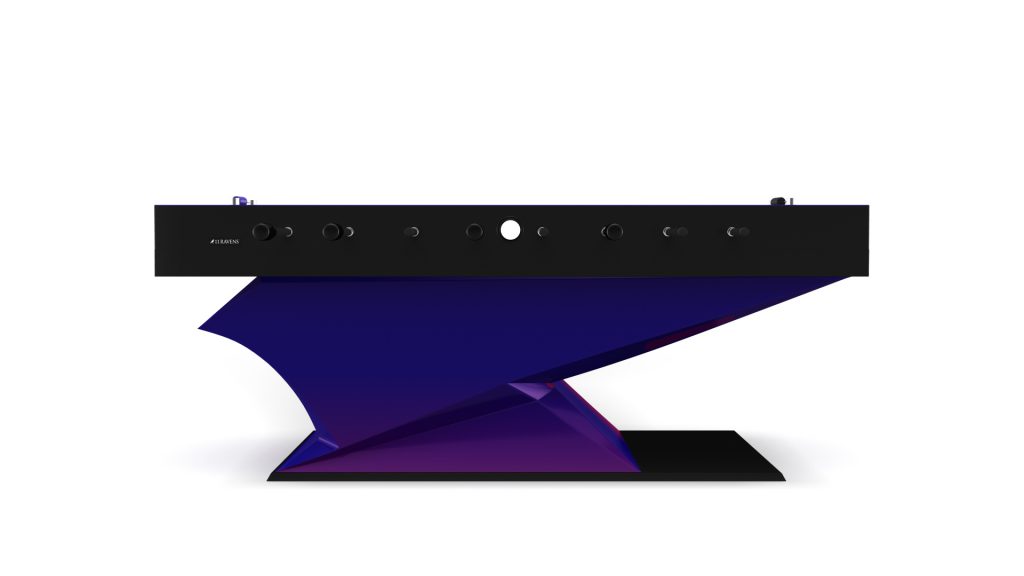 The modern sculpture, featuring a sleek black top and geometric purple base, evokes the minimalist elegance of the luxury Raven Foosball Table.
