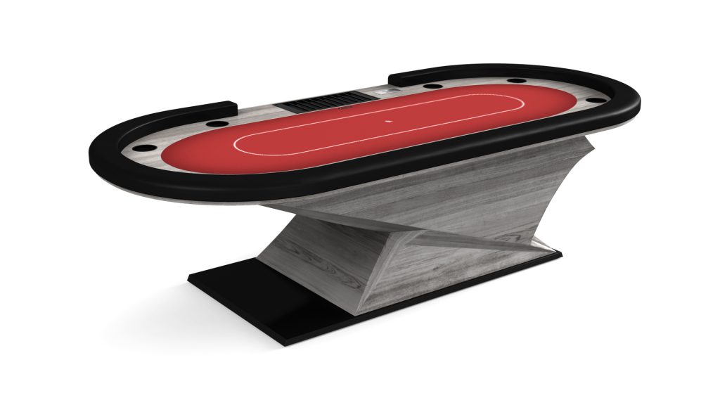 Introducing the Raven Oval Poker Table, featuring a red felt surface, black padded rail, built-in dealer area, and stylish wooden base. Its sleek design makes it perfect for both casino and home game settings.