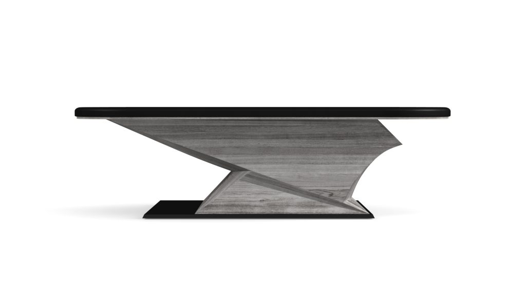 A sleek black tabletop and concrete base coffee table channels the luxurious allure of a Raven Oval Poker Table with its modern, angular, geometric design.