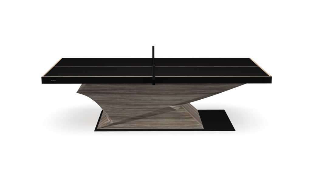 Introducing the Raven Ping Pong Table, boasting a sleek black surface with a unique sculptural wooden base for an elegant and contemporary look.
