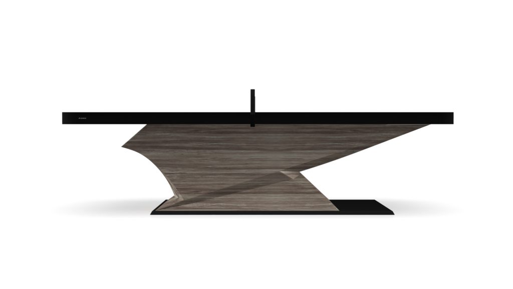 A stone sculpture with sharp lines and a minimalistic design captures the elegance of a luxury Raven Ping Pong Table, featuring a horizontal black band on top against a stark white background.