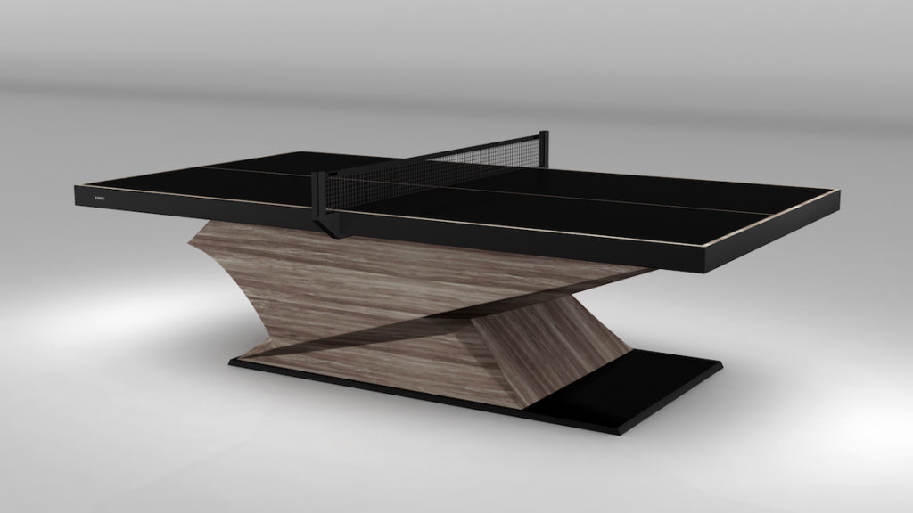 The Raven Ping Pong Table is a luxury game table with a modern design featuring a sleek black surface, beige lines, and net. It stands out with its wooden base, showcasing a geometric design on an elegant black platform against a plain gray background.