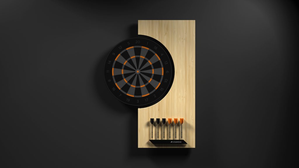 The Robin Dartboards luxury design in black and orange pops against the dark wall, with a row of darts below it promising precision and elegance in every game.