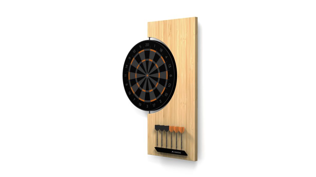 The Robin Dartboard is elegantly mounted on a wooden backboard, displaying black, orange, and gray sections with numbers. Below it are three darts in a holder featuring chic black and orange flights.