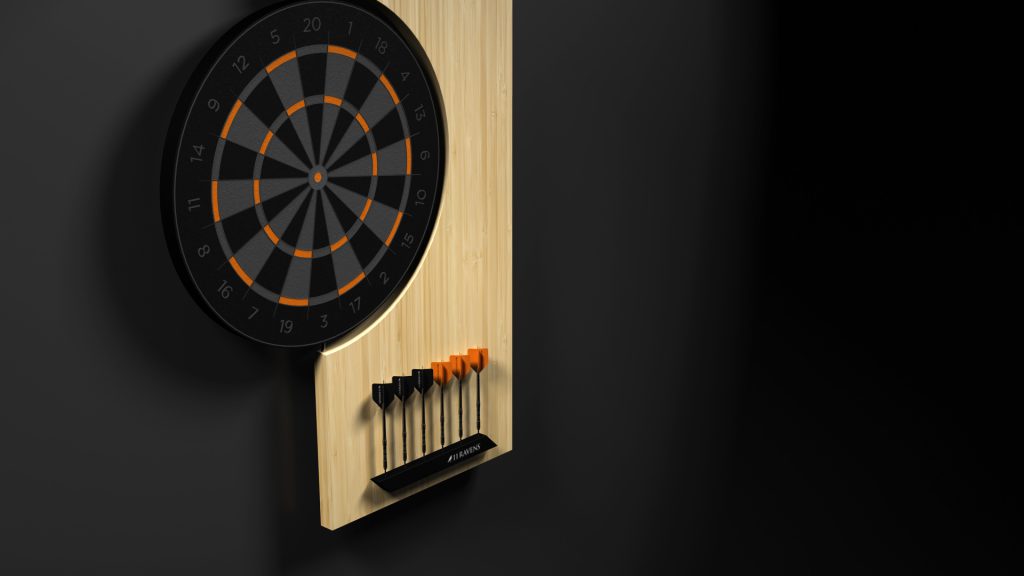 A Robin Dartboard is elegantly mounted on a minimalist wooden board against a dark wall. Six darts, three with black flights and three with orange, are neatly placed in the holder below, complementing its sophisticated look.