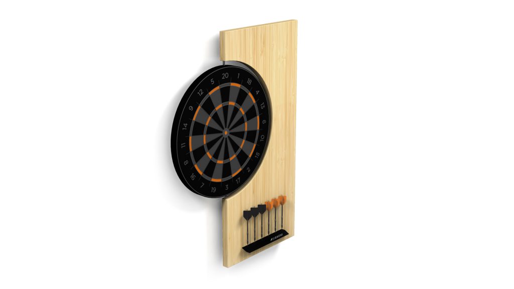 The Robin Dartboard is a luxury, wall-mounted setup with black, orange, and white concentric circles. Six black and orange darts are neatly arranged below on a rack, all attached to an elegant wooden panel.