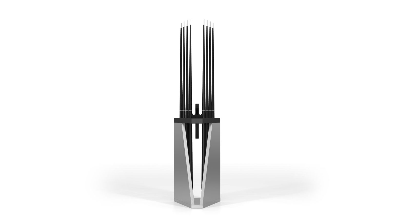 The Spartan Cue Rack is a tall, modern sculpture with vertical black rods rising from a sleek, angular silver base. Its minimalist design with sharp lines and reflective surfaces exudes luxury and spartan elegance against a white background.