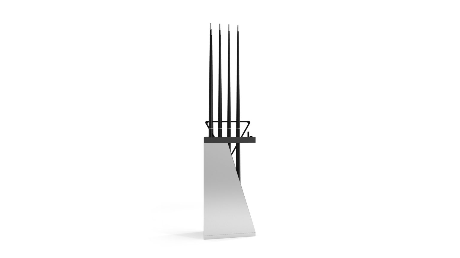 The Spartan Cue Rack stands like a luxury sentinel with its sleek, angled base. Minimalist black rods rise vertically, creating an industrial aesthetic reminiscent of high-end storage solutions, while evenly spaced rods convey a sense of vertical movement.