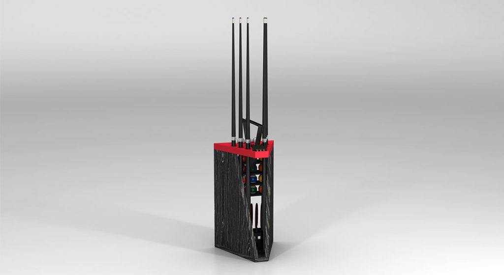 The Spartan Cue Rack is a luxurious, modern rectangular holder with a red top for four black cues. It features a textured black surface and compact storage for colored billiard balls, standing elegantly against a neutral gray backdrop, epitomizing understated sophistication.