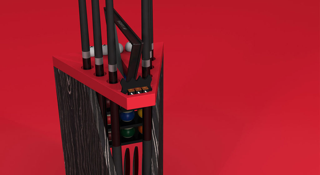 The Spartan Cue Rack offers a luxurious design with a triangular wooden structure, a rich red top, and elegant simplicity. It accommodates six cues and chalks, with the base conveniently storing billiard balls against a vibrant red background.