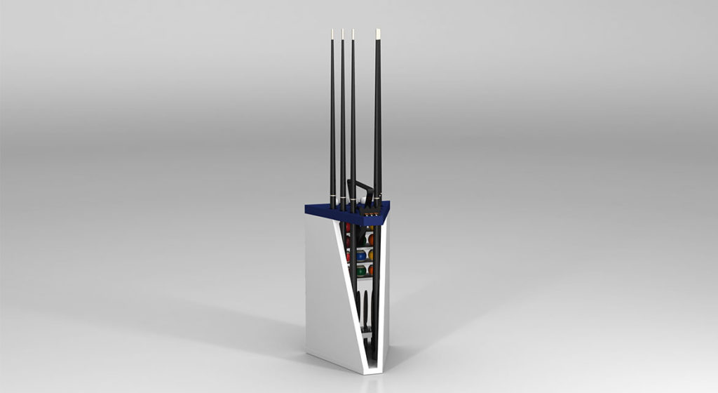 The Spartan Cue Rack stands as a modern symbol of luxury and elegance, featuring a sleek triangular white base with several tall, vertical black rods rising upward against a plain gray background.