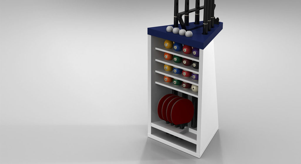 The Spartan Cue Rack is a luxury billiards stand with Spartan storage, offering a top rack for cues and white balls, shelves for colored billiard balls, and a lower section for red ping pong paddles. It features a sleek white design with a refined blue top.