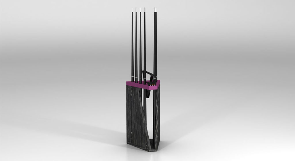 Sleek and modern, the Spartan Cue Rack features black elongated rods with a pink accent, mounted on a dark, textured base. This luxury piece embodies minimalist design, perfect for those who appreciate Spartan elegance in their storage solutions against a neutral backdrop.