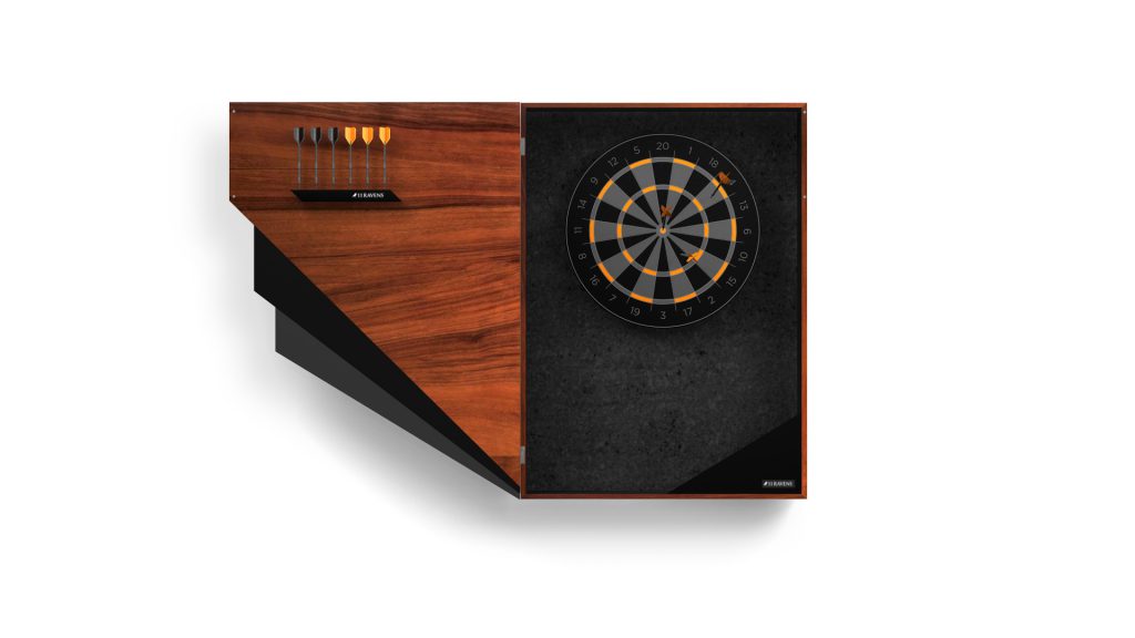 The Starling Dartboard cabinet boasts a black chalkboard design on the right with darts in the board, while the left side neatly stores darts, all within a wood-finished cabinet set against a white backdrop.