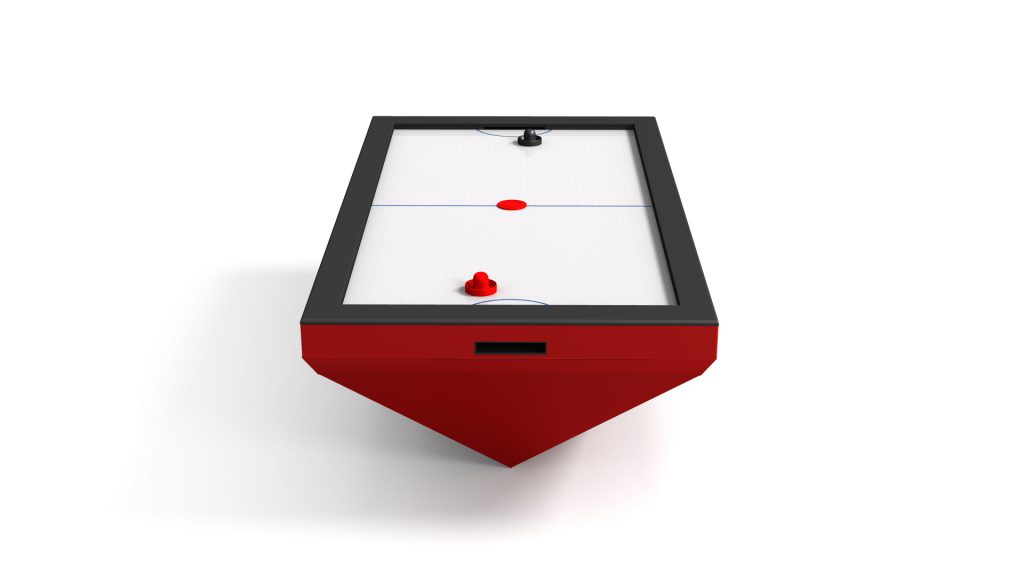 The Stealth Air Hockey Table, set against a white background, boasts a sleek red and black design and includes matching paddles with a vibrant red puck ready for action.