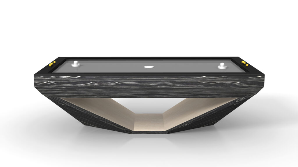 The Stealth Air Hockey Table features a modern geometric design with a black woodgrain finish, an angular beige base, smooth playing surface, and comes with two white strikers.