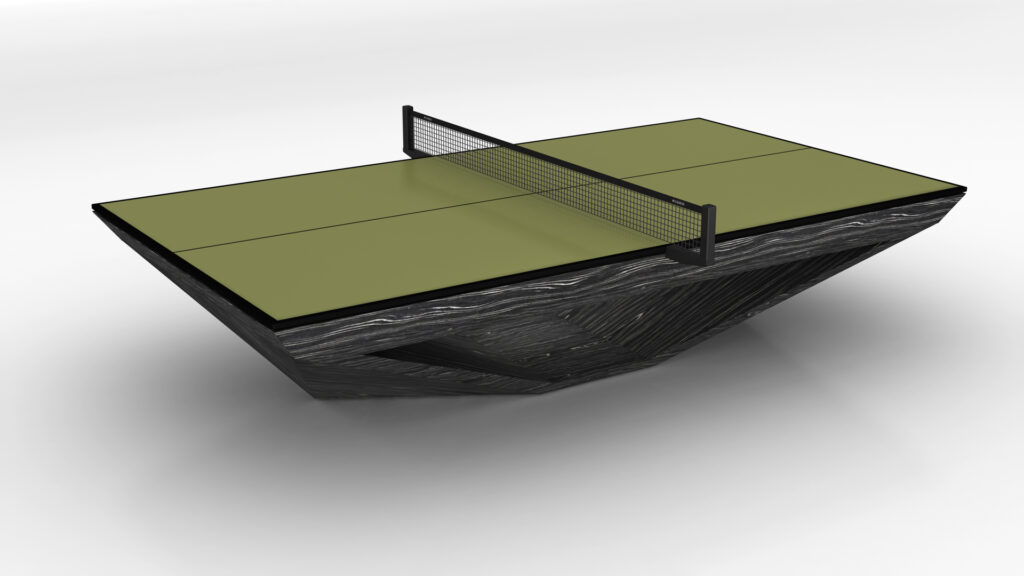 The Stealth Ping Pong Table features a modern, angular design with a green playing surface, black net, and a geometric black and gray marbled base, shown against a plain white background.