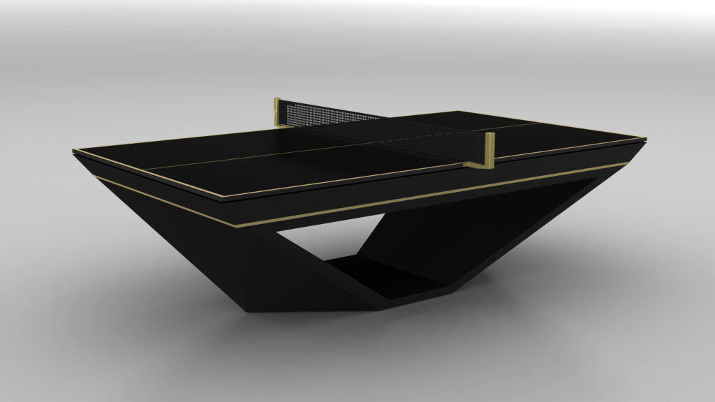 The Stealth Ping Pong Table features gold accents and a geometric base on a light gray background; its dark net with gold posts enhances the table’s sleek, modern design.