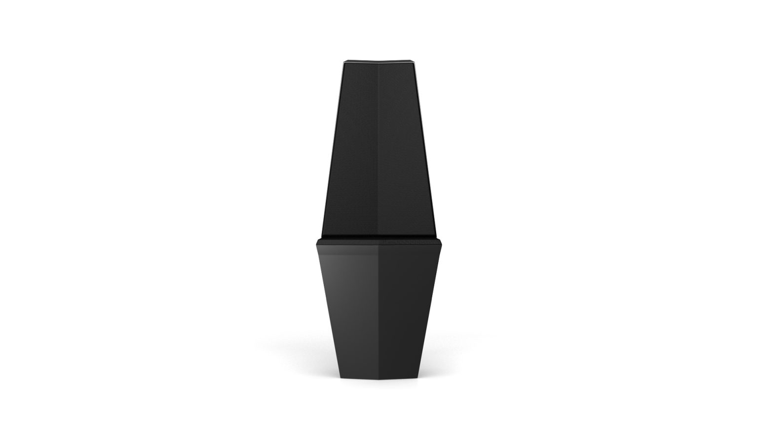 A tall, black Stealth Chair speaker boasts a sleek, modern design like a luxurious chair. It features a wider base tapering to the top, creating a geometric trapezoidal shape with a smooth, shiny surface.