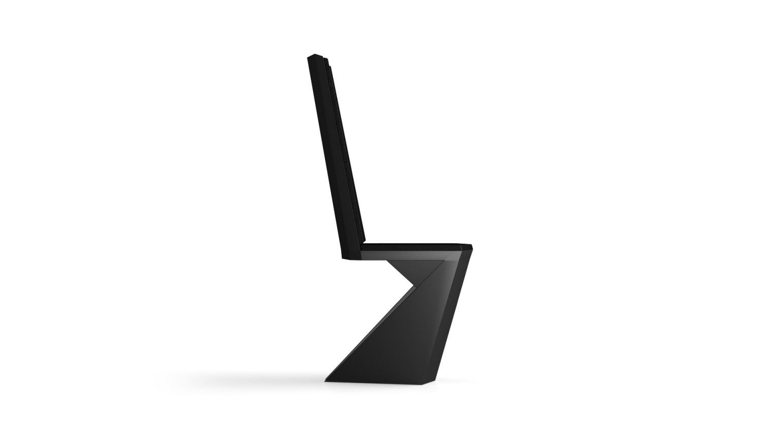 The Stealth Chair is a modern marvel with a minimalist black design, featuring sharply angled seat and backrest. Its unique geometric shape resembles an abstract sculpture, blending elegance and intrigue.