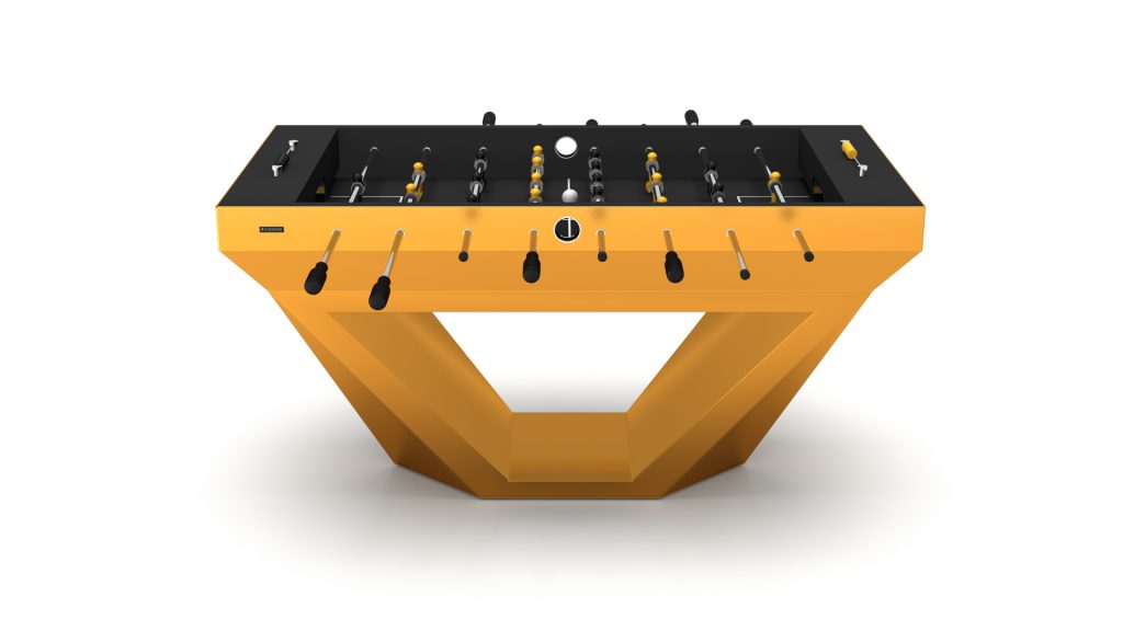 The Stealth Foosball Table features a sleek V-shaped base, a black top with yellow player figures, and multiple rods with black handles on a white background, combining dynamic gameplay with modern elegance.