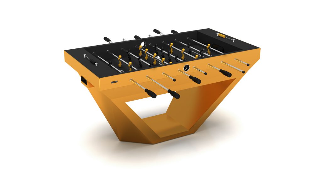 The Stealth Foosball Table features a modern angular design with a bright orange base and sleek black playing surface. Metal rods with black handles and yellow and black player figures enhance this minimalist table, embodying refined gaming elegance.