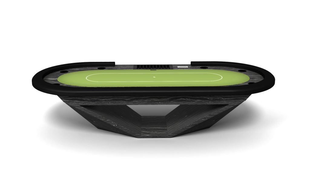 Discover the Stealth Oval Poker Table, a sleek modern masterpiece with a black frame and green felt surface. This elegant table includes cup holders and chip trays integrated into its sides, set against a pristine white backdrop for the ultimate gaming experience.