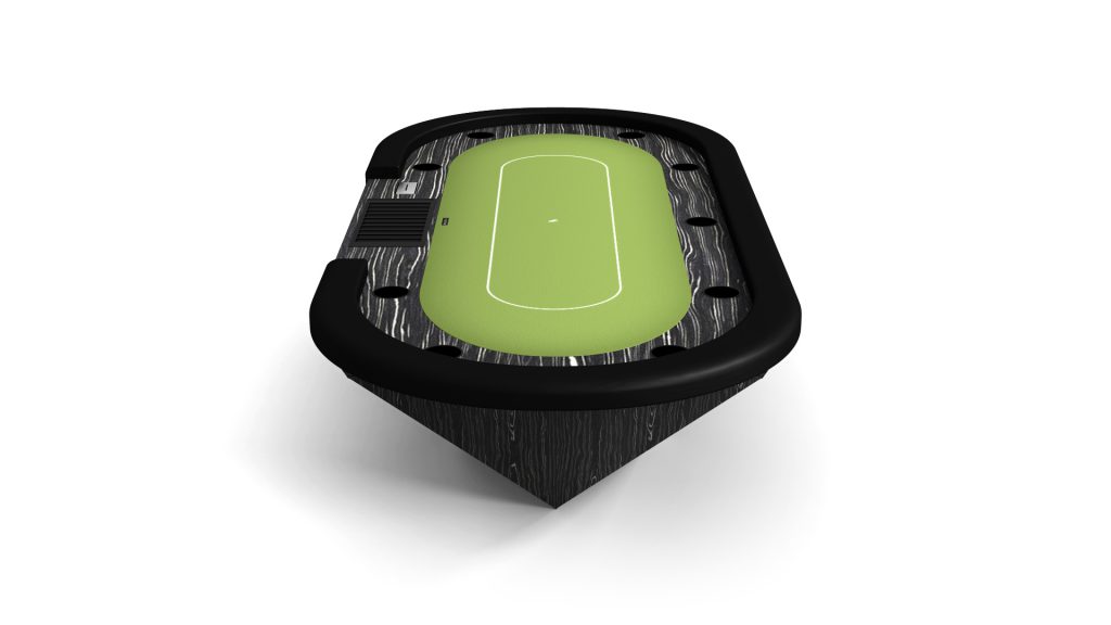 The Stealth Oval Poker Table features a sleek green felt surface, black padded edges, cup holders, and a deck of cards on one side. Its exquisite wooden finish adds sophistication to any game room.