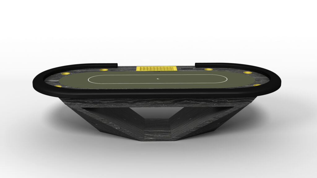 The Stealth Oval Poker Table features a modern design with a green playing surface, black padded edges, yellow cup holders, and a central yellow chip tray, shown from above on a white background.