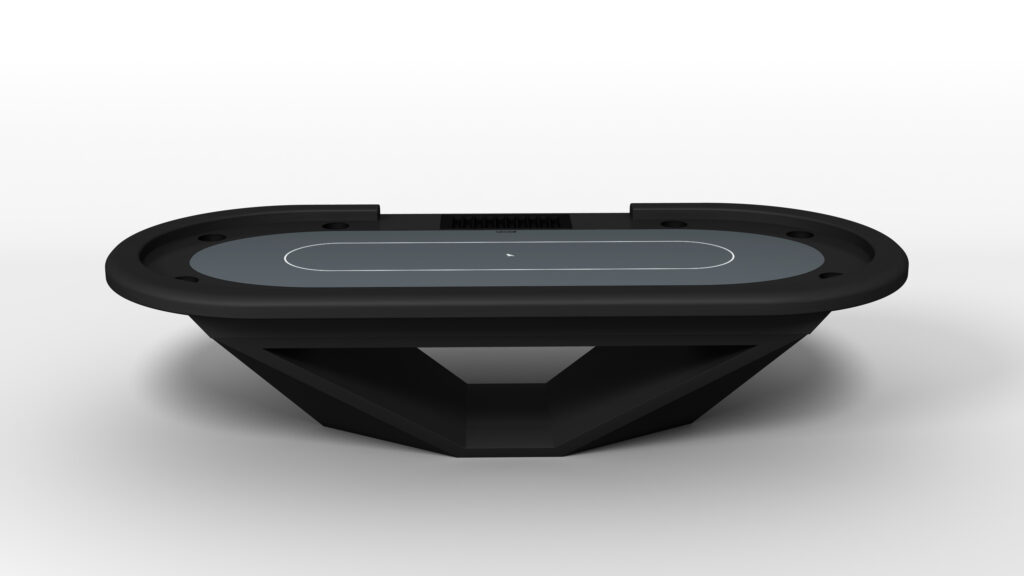 The Stealth Oval Poker Table features a modern black design, a grey felt playing surface, and built-in cup holders, displayed against a plain white background.