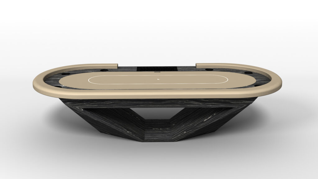The Stealth Oval Poker Table features a modern, oval shape with a beige edge, dark wood base, and sleek geometric pedestal design, set against a plain white background.