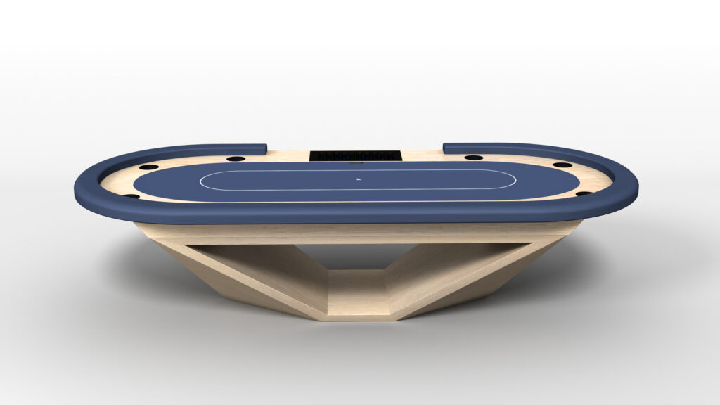 The Stealth Oval Poker Table features a modern blue felt surface, cup holders, and a wooden base with geometric design, set against a plain white background.