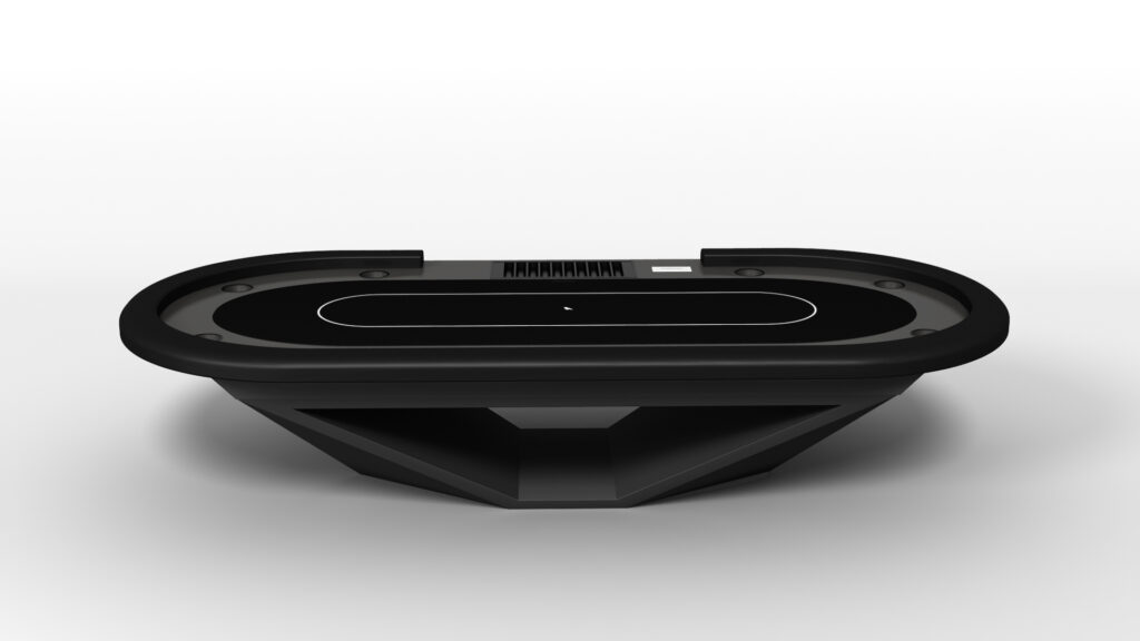 The Stealth Oval Poker Table features a sleek oval design with a raised edge, central playing area, and geometric base, all presented on a plain white background for a modern look.