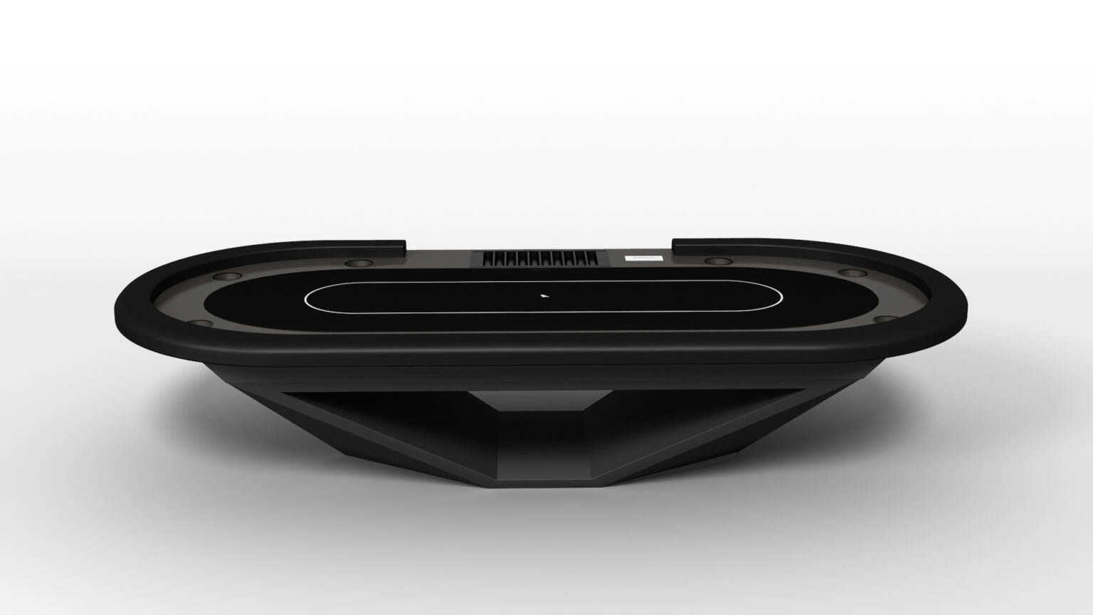 The Stealth Oval Poker Table features a sleek oval design with a raised edge, central playing area, and geometric base, all presented on a plain white background for a modern look.