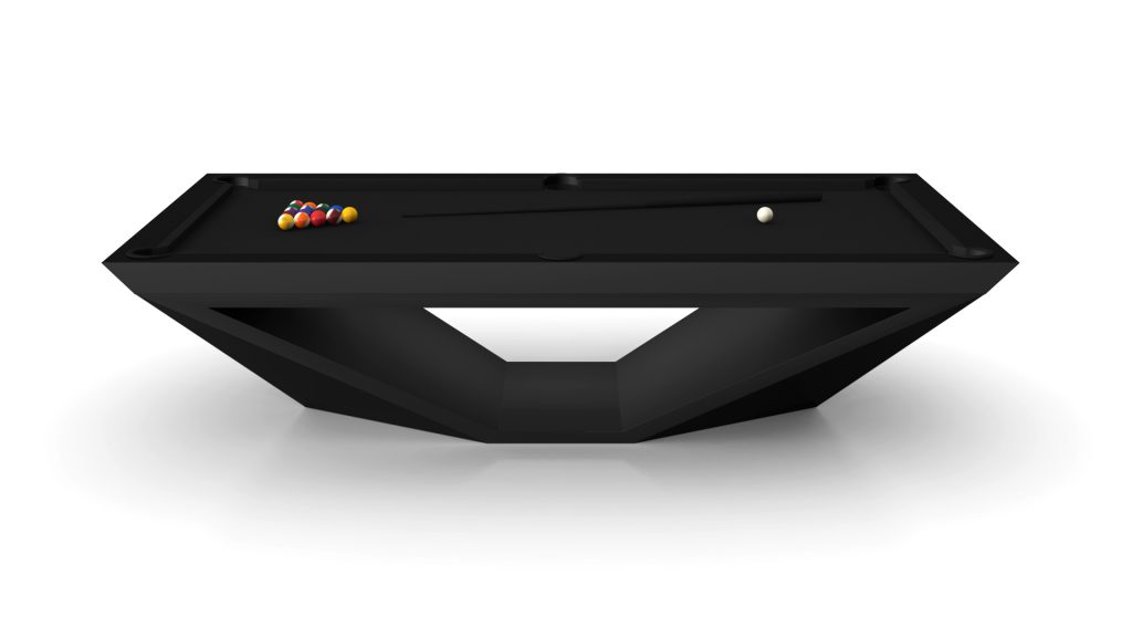 The R11 Stealth Pool Table, a modern black luxury piece with a geometric base, includes a set of pool balls and cue stick on its surface. Positioned on a glossy white floor, it exudes a sleek, minimalist aesthetic.