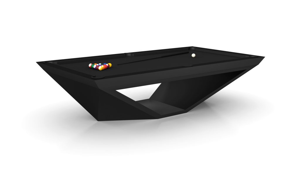 The R11 Stealth Pool Table features a sleek angular base with a set of colored pool balls on one side and a white cue ball on the other. Its smooth surface and contemporary design legs exude luxury and sophistication.