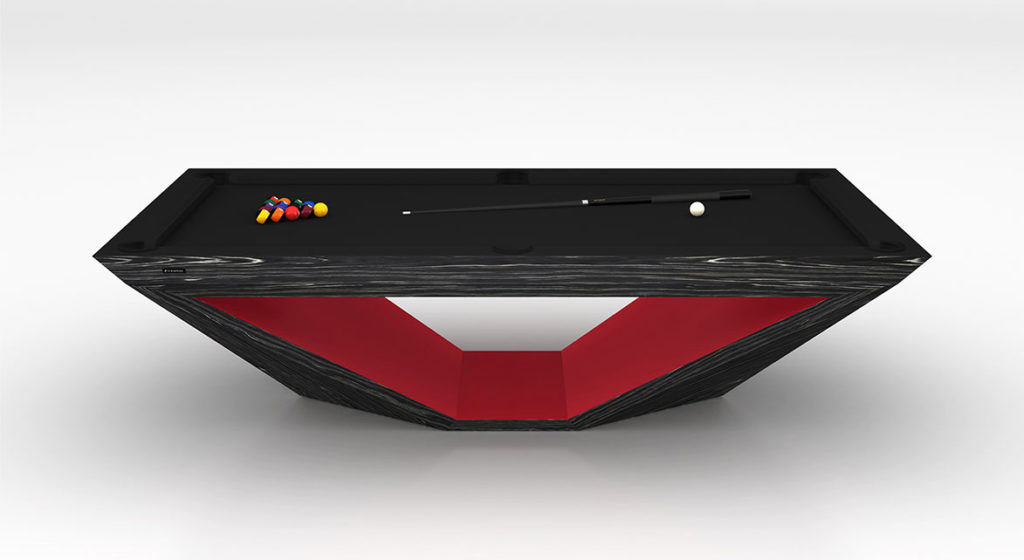 Introducing the R11 Stealth Pool Table, a modern masterpiece featuring a striking red triangular base and sleek dark playing surface. A single pool stick and cue ball are ready, alongside a vibrant triangle of pool balls set for an elegant game of precision.