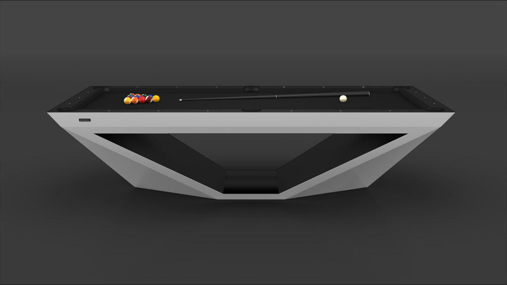 The R11 Stealth Pool Table features a modern, angular design in sleek black and gray. A triangle of billiard balls and a cue stick on its surface enhance its minimalist elegance against the dark gray backdrop.