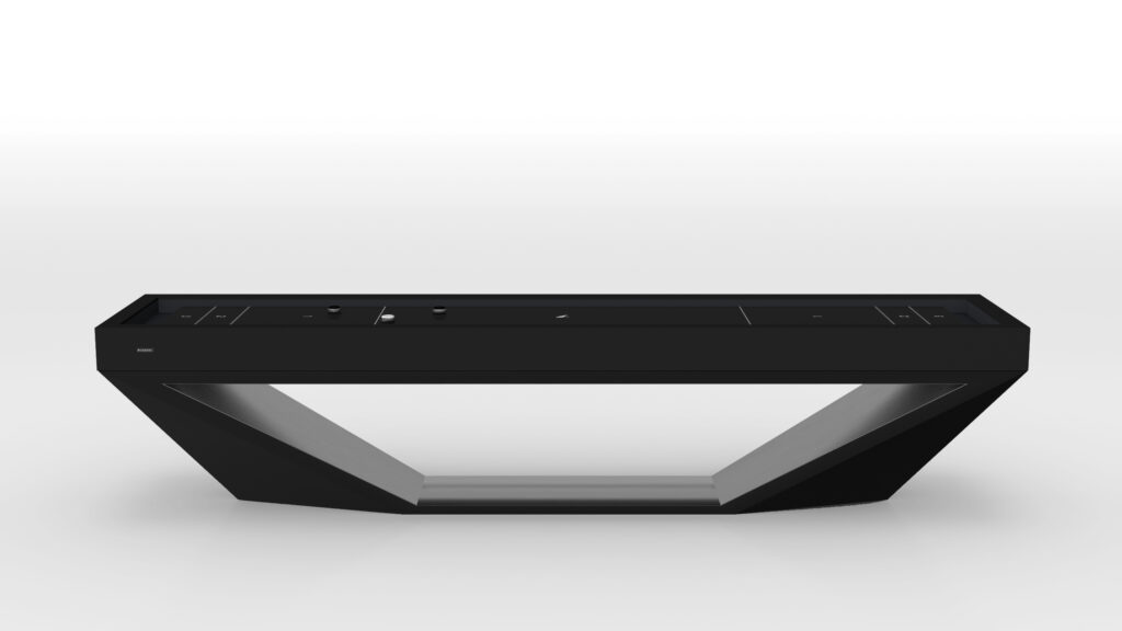 The Stealth Shuffleboard Table is a sleek, black luxury game table with a futuristic design. It features digital controls on the top surface and has angular legs that create geometric support, combining minimalist aesthetics with sophistication.