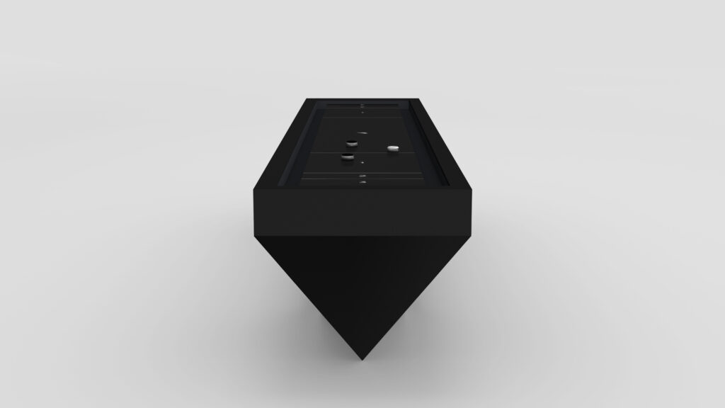 A minimalist black pyramid-shaped Stealth Shuffleboard Table against a plain background exudes sophistication, echoing luxury game tables with a recessed compartment adorned by sleek black and white spherical elements on top.