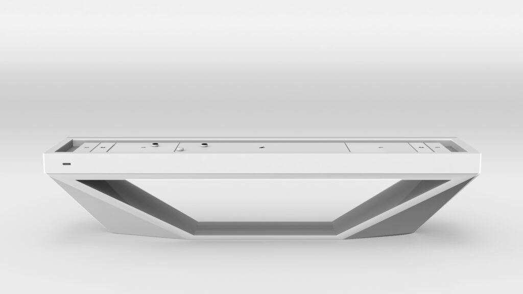 The Stealth Shuffleboard Table is a modern, minimalist white console with a unique V-shaped base, exuding luxury game table elegance. It features a smooth surface with subtle grooves and sections atop a sleek, futuristic design set against a light gray background.