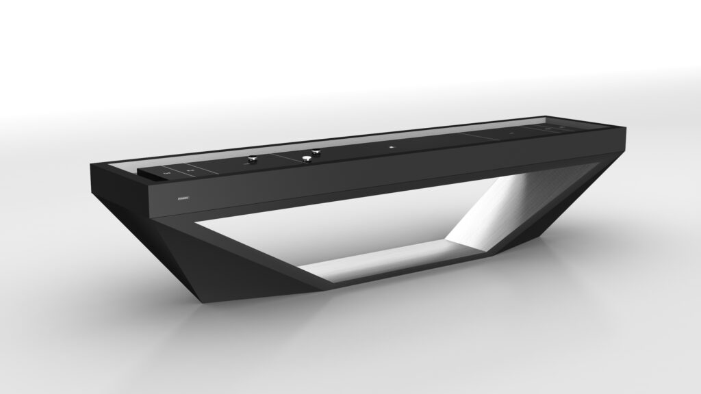 The Stealth Shuffleboard Table boasts a sleek, modern design with a geometric base and smooth surface in black, reminiscent of the elegance found in luxury kitchen islands with built-in cooktops.